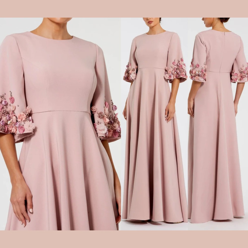 NWT Mac Duggal [ 4 ] 11854 Crepe 3/4‎ Sleeve A-line Gown Flower Trim Rose S2025